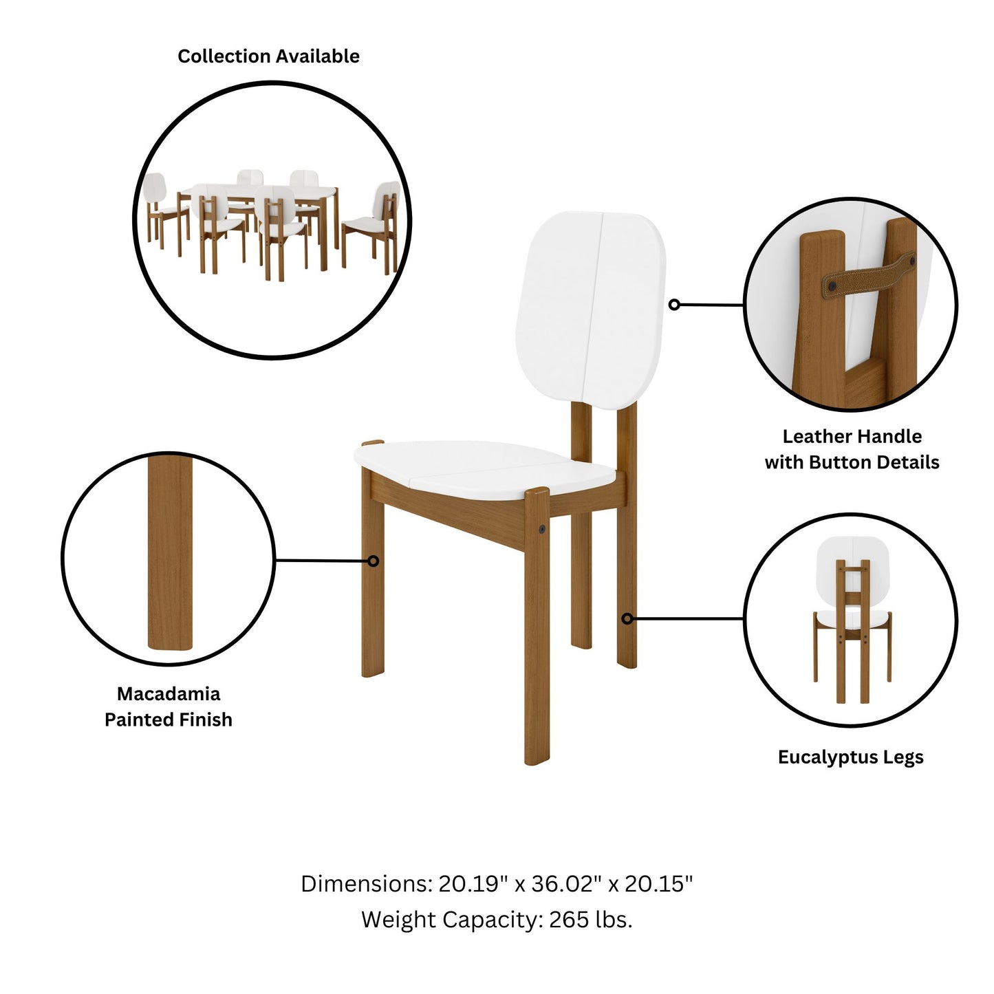 Manhattan Comfort Mid-Century Modern Gales Dining Chair with Solid Wood Legs in White - Set of 4 2-DC-83938-WH