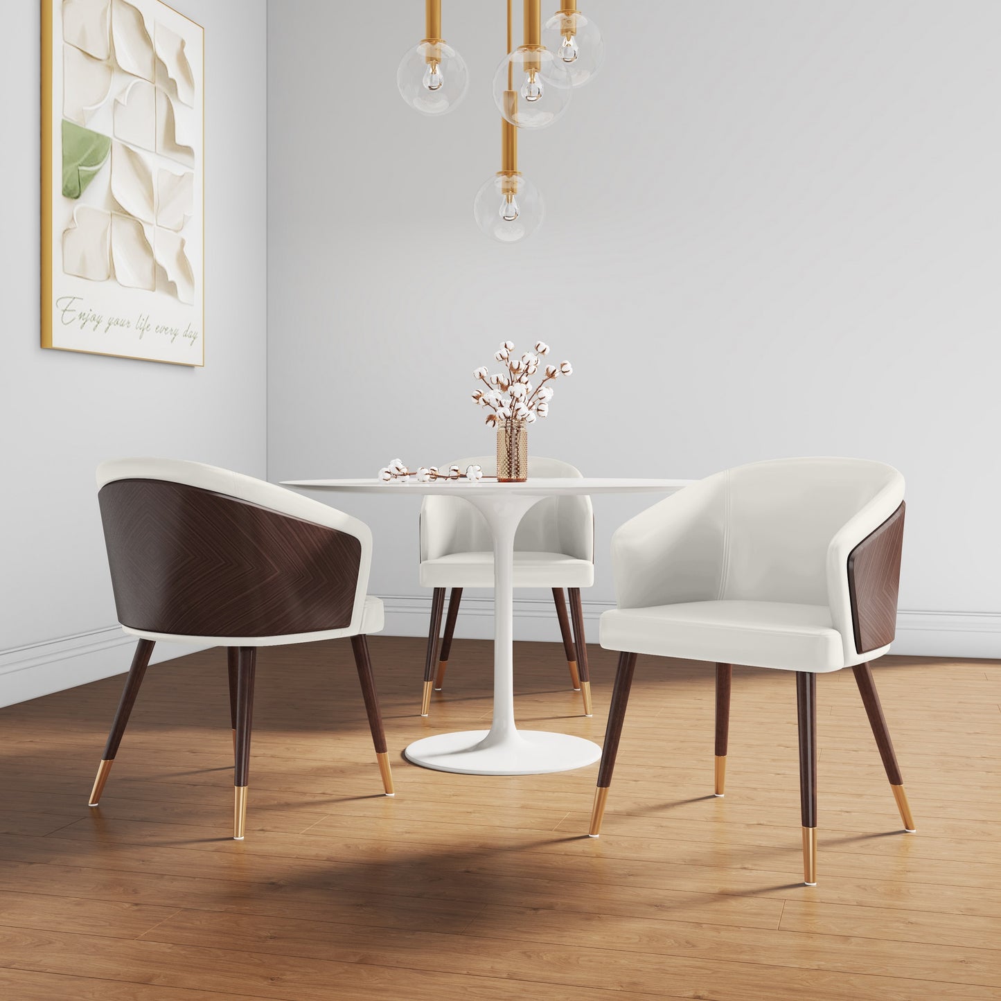 Manhattan Comfort Modern Raya Dining Chair Upholstered in Leatherette with Beech Wood Back and Solid Wood Legs in Walnut and Cream- Set of 2 2-DC082-CR