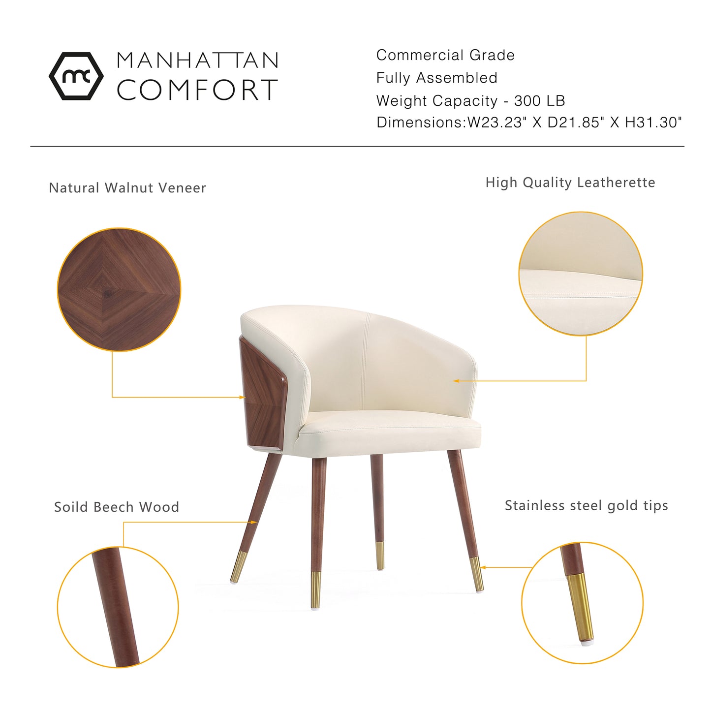 Manhattan Comfort Modern Raya Dining Chair Upholstered in Leatherette with Beech Wood Back and Solid Wood Legs in Walnut and Cream- Set of 2 2-DC082-CR