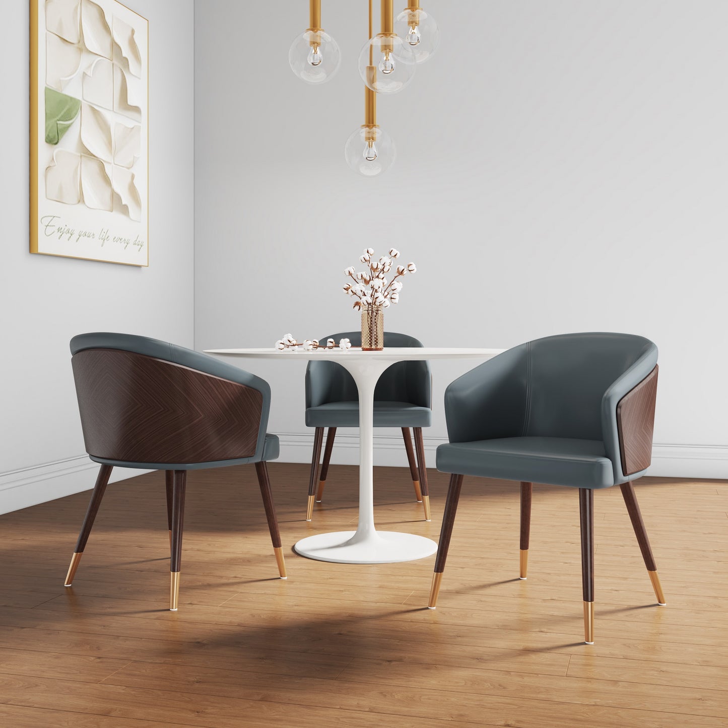 Manhattan Comfort Modern Raya Dining Chair Upholstered in Leatherette with Beech Wood Back and Solid Wood Legs in Walnut and Graphite Grey - Set of 2 2-DC082-GY