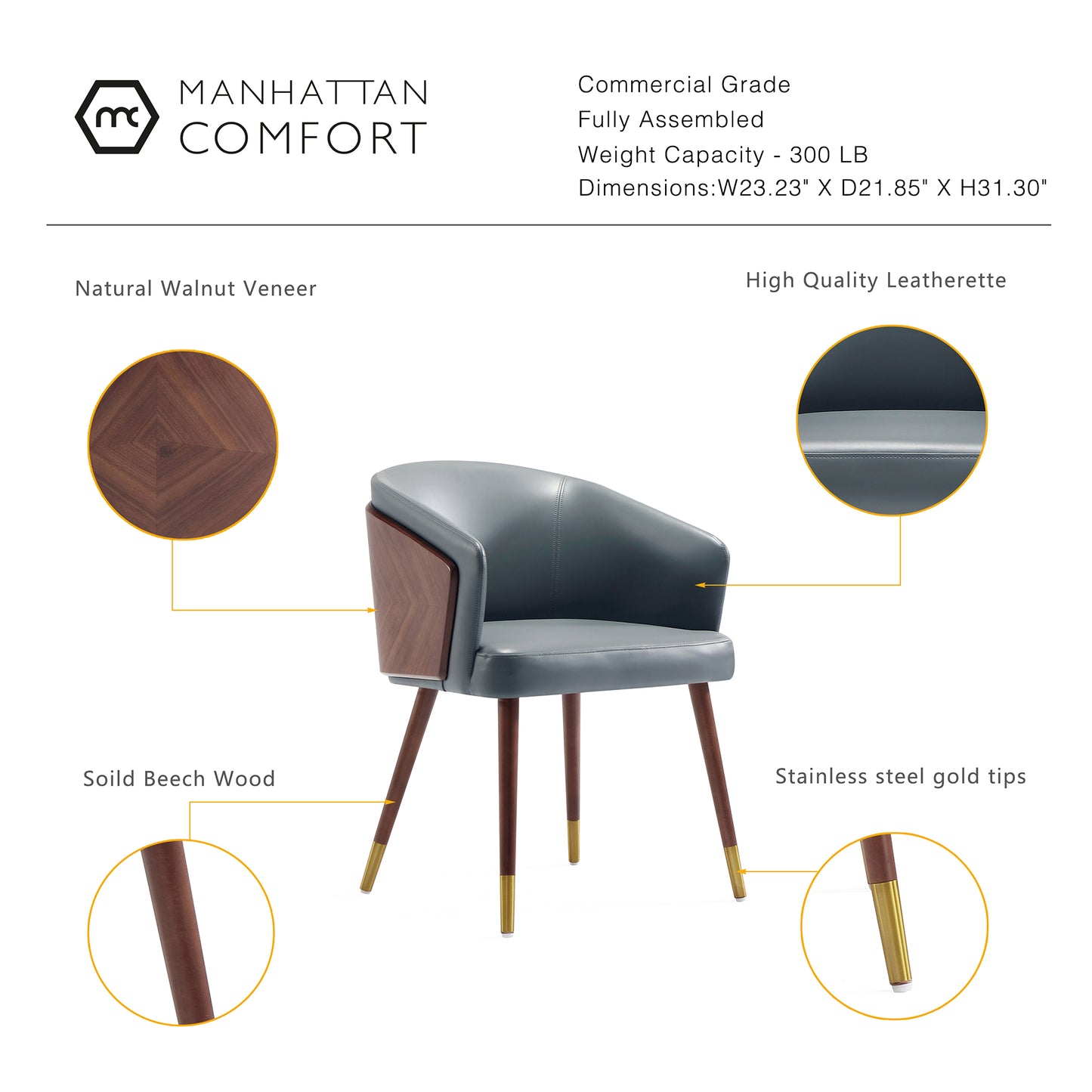 Manhattan Comfort Modern Raya Dining Chair Upholstered in Leatherette with Beech Wood Back and Solid Wood Legs in Walnut and Graphite Grey - Set of 2 2-DC082-GY