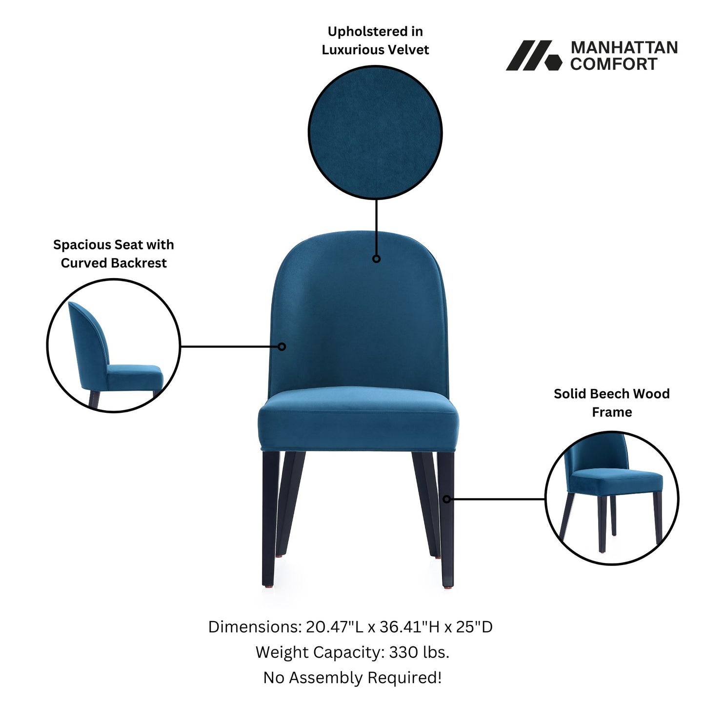 Manhattan Comfort Hillman Modern Velvet Upholstered Dining Chair in Blue  - Set of 4 2-DC087-BL