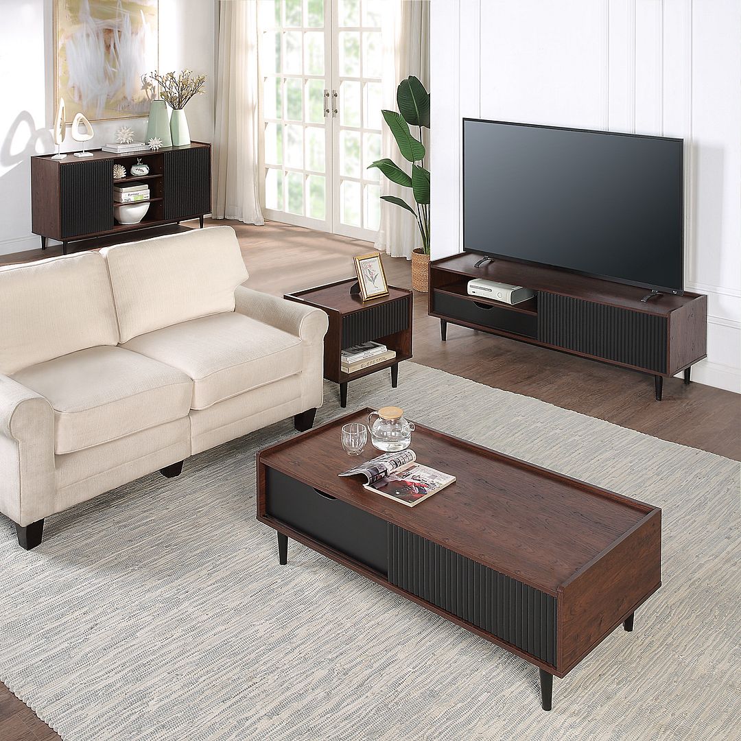 Manhattan Comfort Duane Modern Ribbed 4 Piece Living Room Set: Sideboard, TV Stand, Coffee Table, Nightstand in Dark Brown and Black