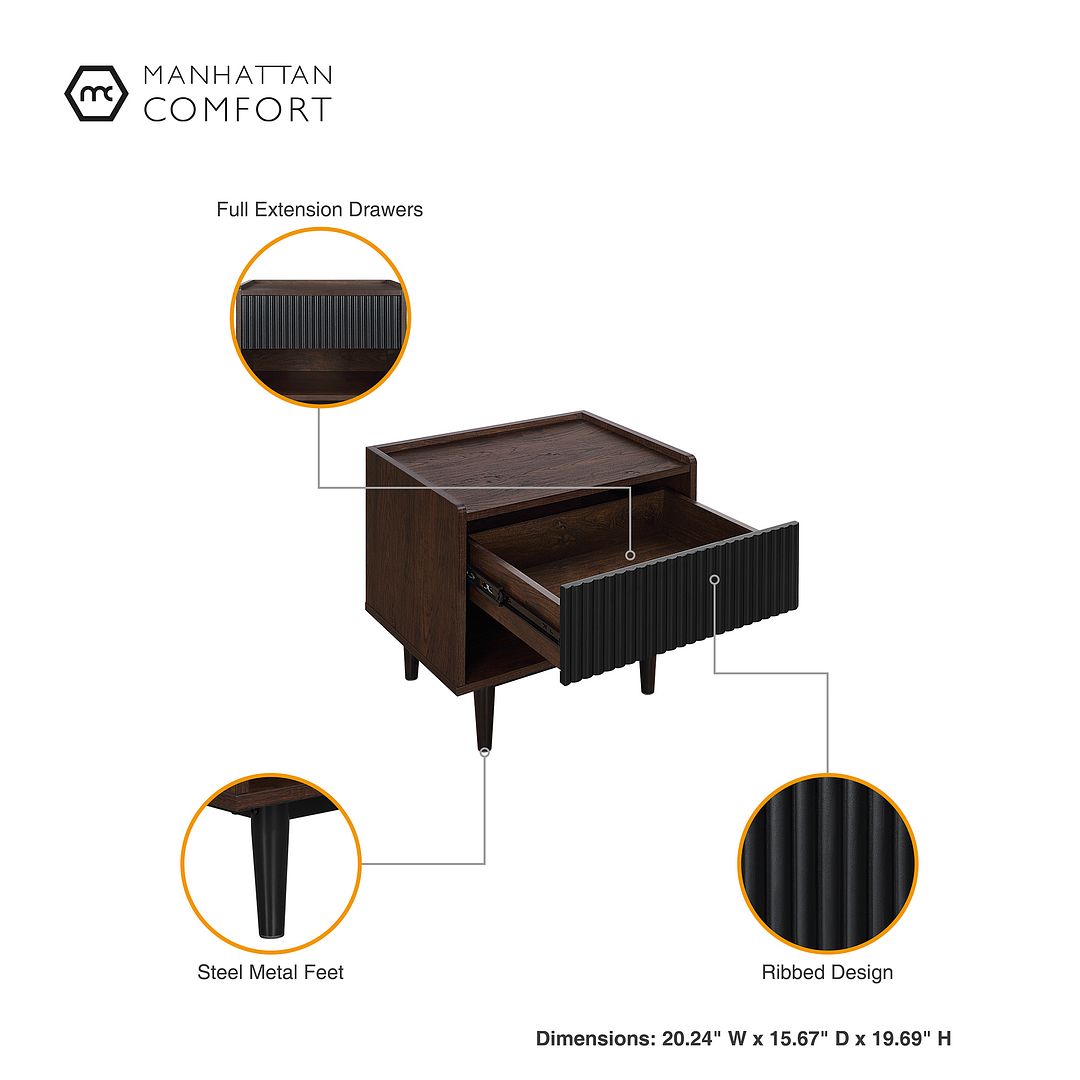 Manhattan Comfort Duane Modern Ribbed 4 Piece Living Room Set: Sideboard, TV Stand, Coffee Table, Nightstand in Dark Brown and Black