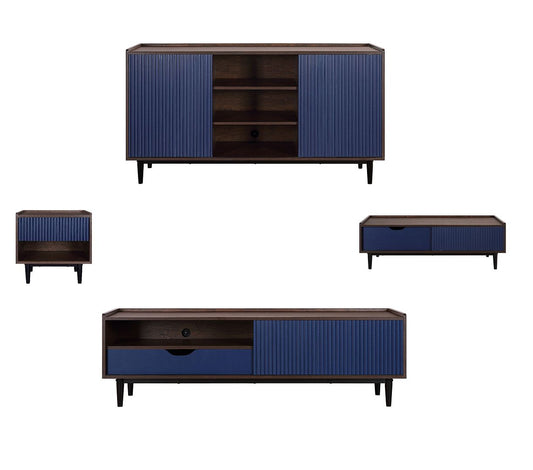 Manhattan Comfort Duane Modern Ribbed 4 Piece Living Room Set: Sideboard, TV Stand, Coffee Table, Nightstand in Dark Brown and Navy Blue