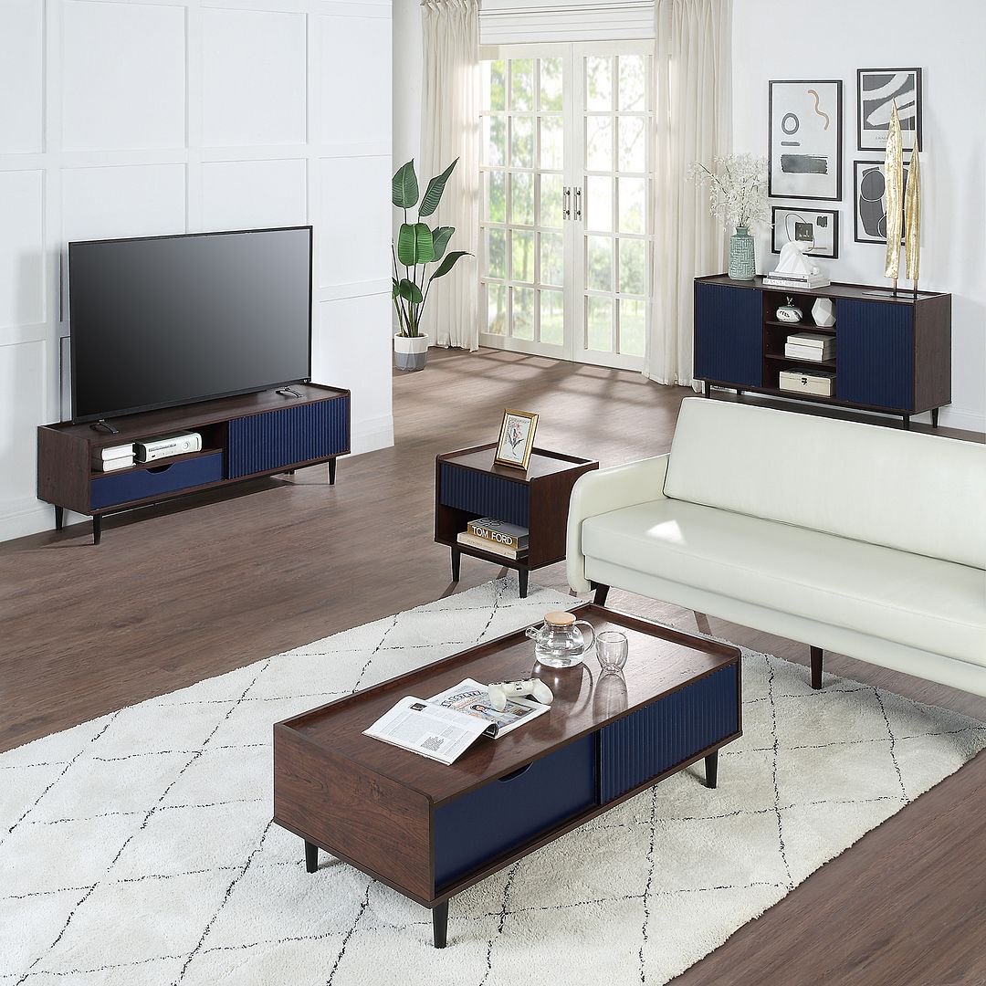 Manhattan Comfort Duane Modern Ribbed 4 Piece Living Room Set: Sideboard, TV Stand, Coffee Table, Nightstand in Dark Brown and Navy Blue