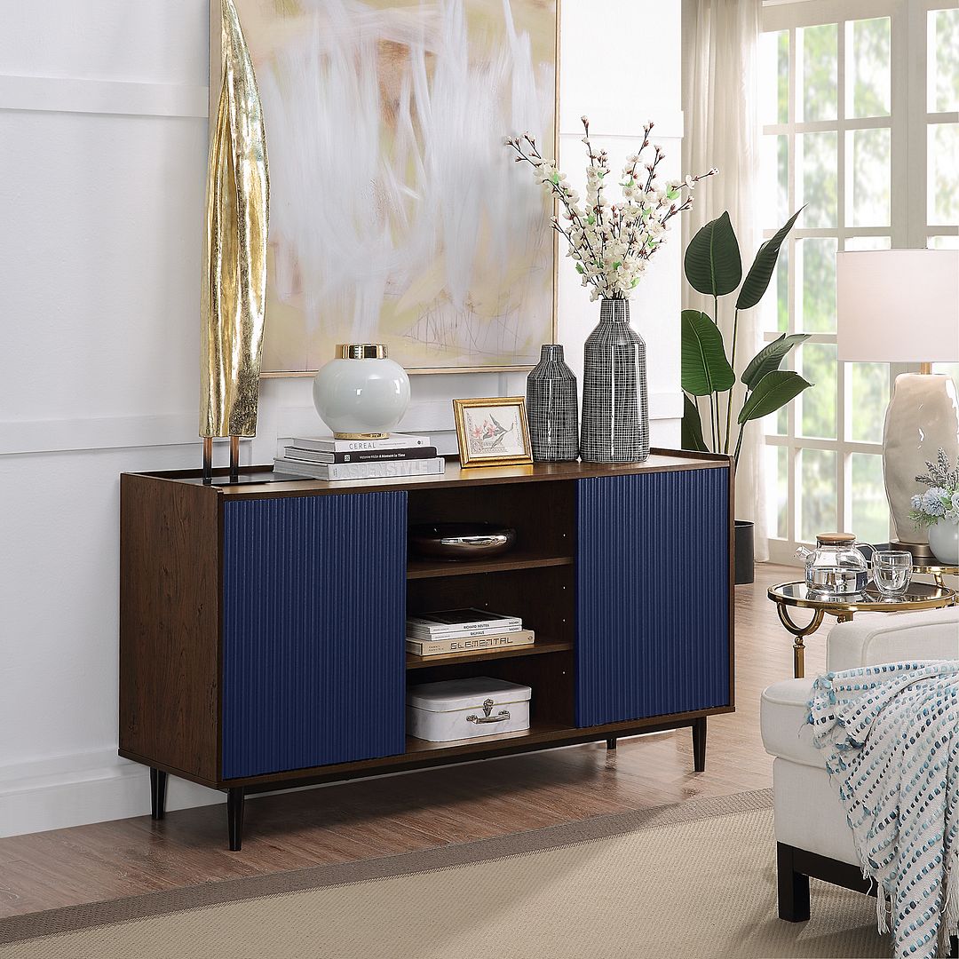 Manhattan Comfort Duane Modern Ribbed 4 Piece Living Room Set: Sideboard, TV Stand, Coffee Table, Nightstand in Dark Brown and Navy Blue