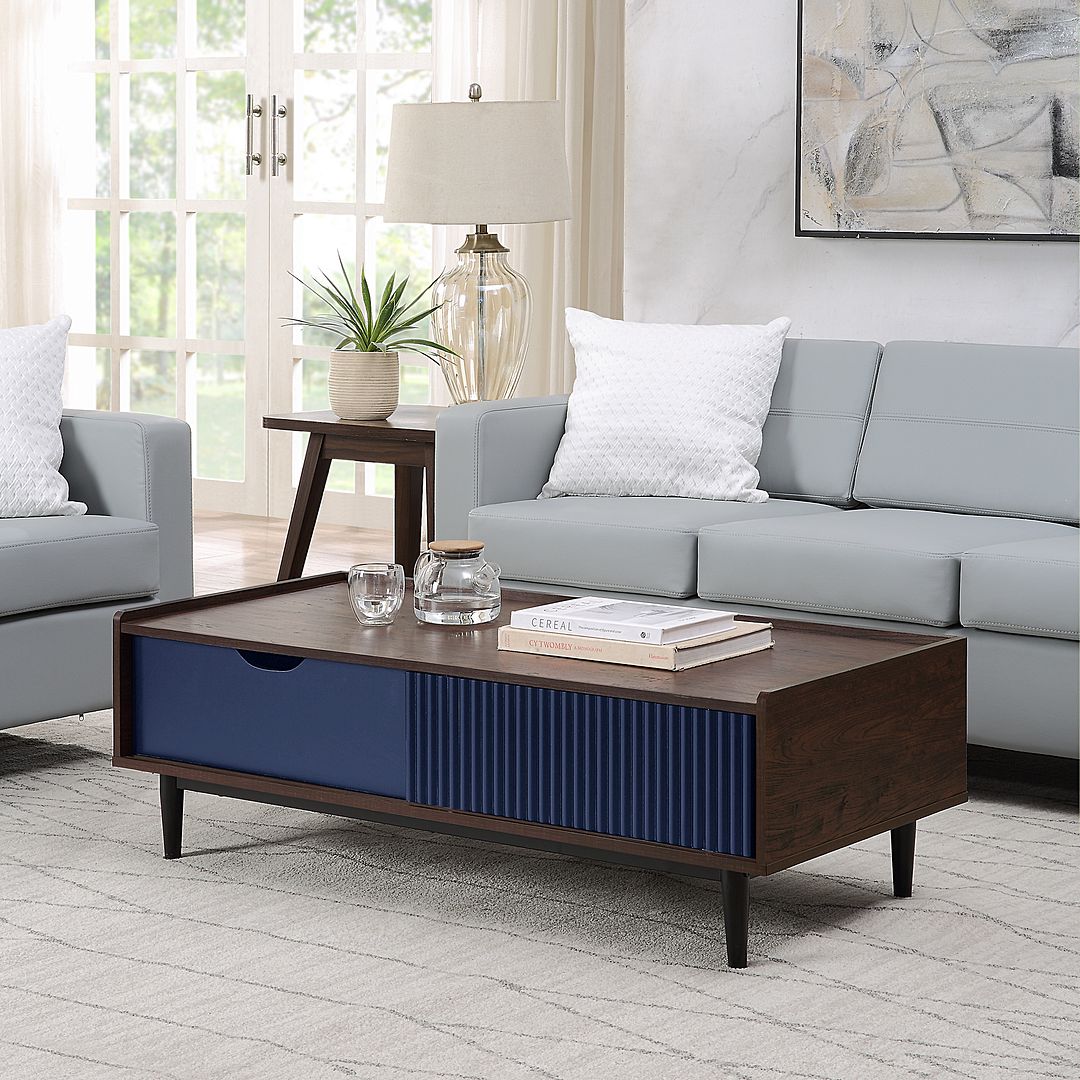 Manhattan Comfort Duane Modern Ribbed 4 Piece Living Room Set: Sideboard, TV Stand, Coffee Table, Nightstand in Dark Brown and Navy Blue