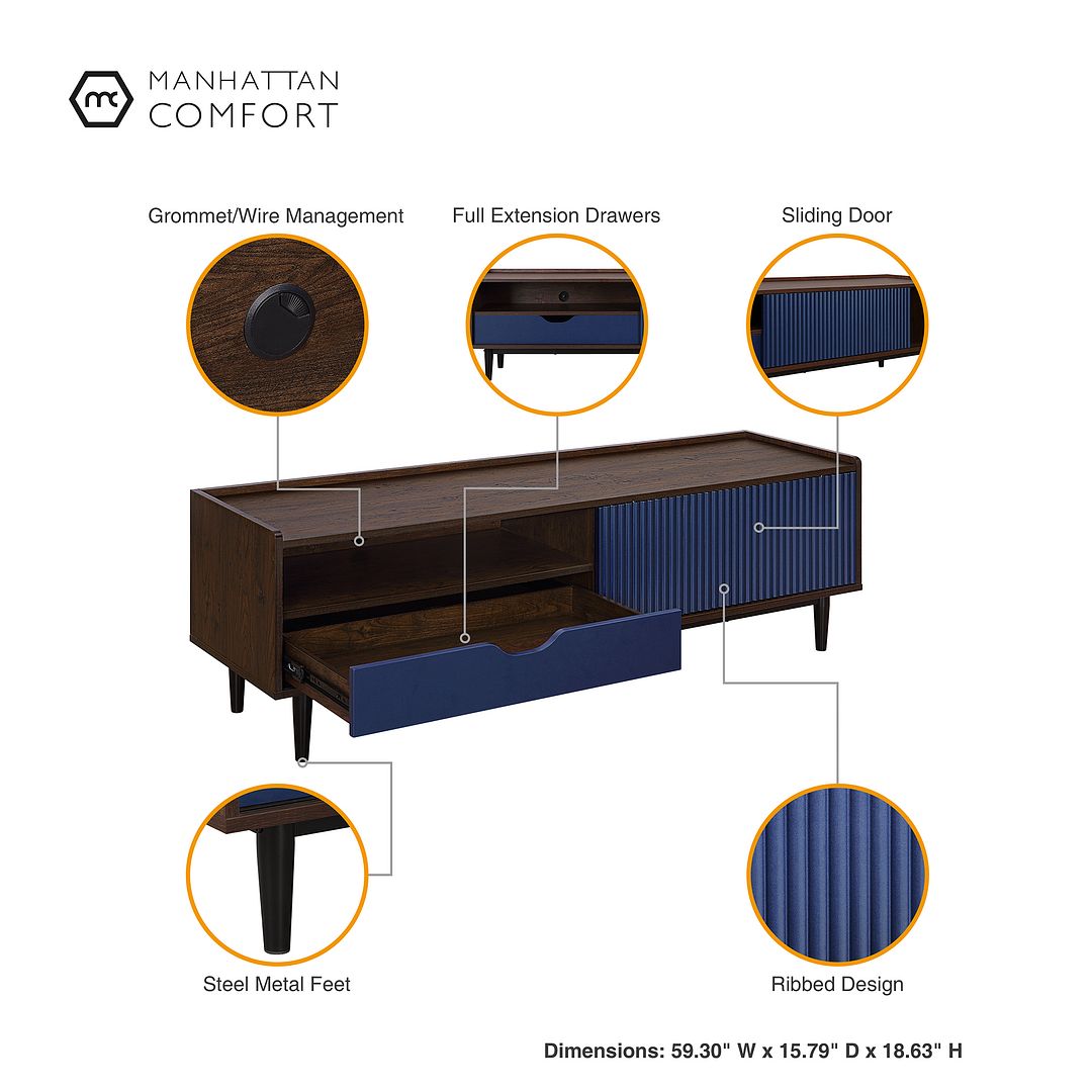 Manhattan Comfort Duane Modern Ribbed 4 Piece Living Room Set: Sideboard, TV Stand, Coffee Table, Nightstand in Dark Brown and Navy Blue