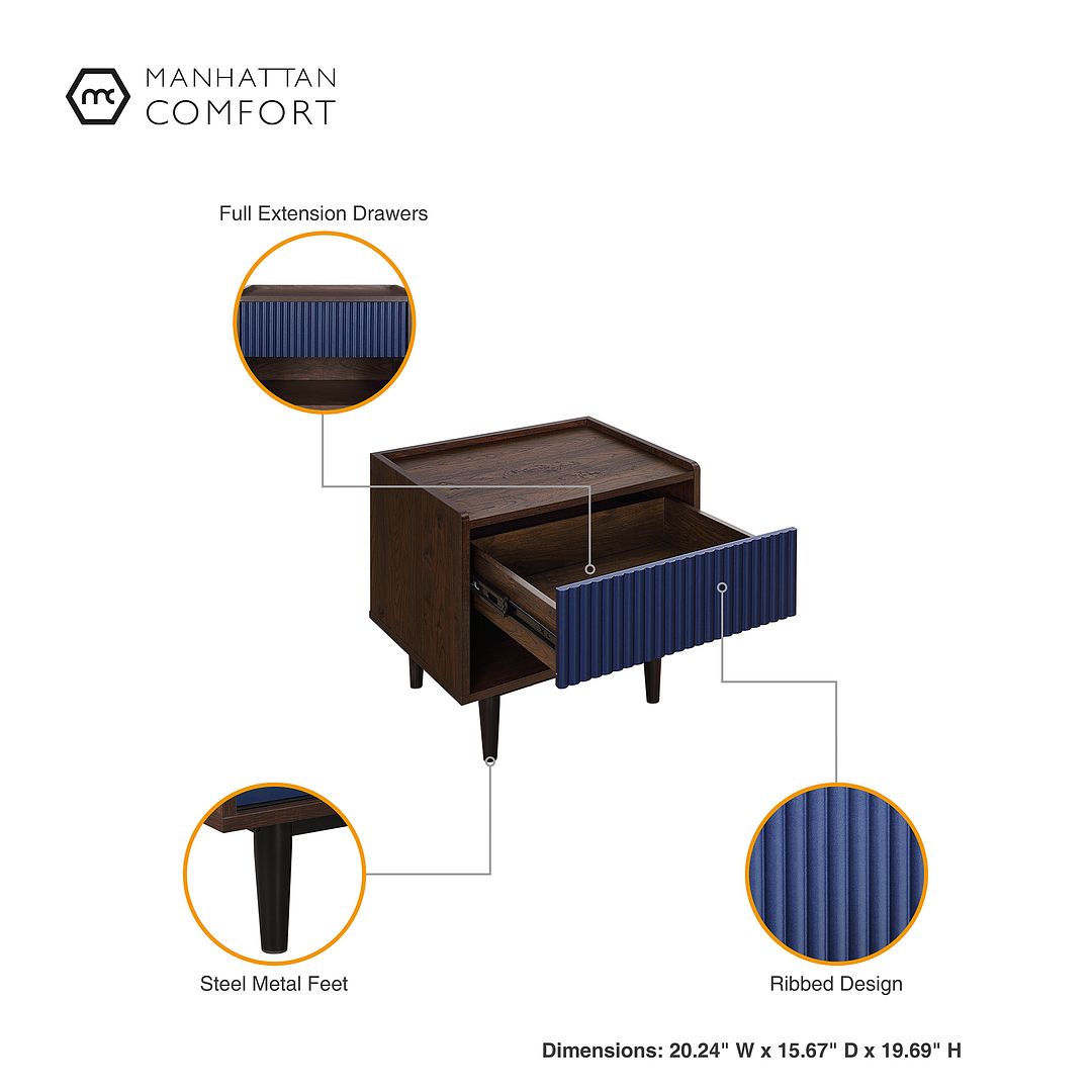 Manhattan Comfort Duane Modern Ribbed 4 Piece Living Room Set: Sideboard, TV Stand, Coffee Table, Nightstand in Dark Brown and Navy Blue