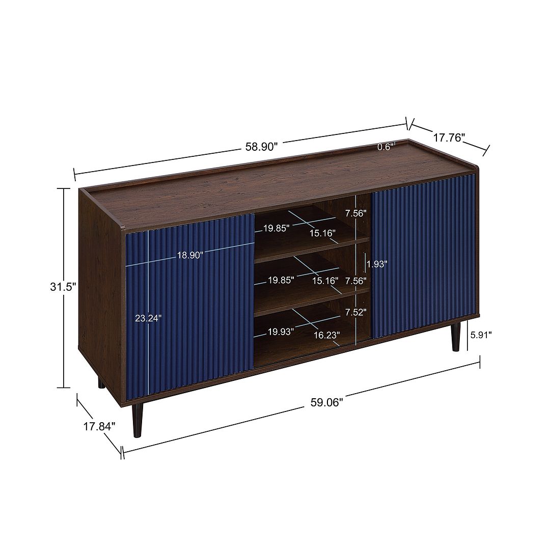 Manhattan Comfort Duane Modern Ribbed 4 Piece Living Room Set: Sideboard, TV Stand, Coffee Table, Nightstand in Dark Brown and Navy Blue