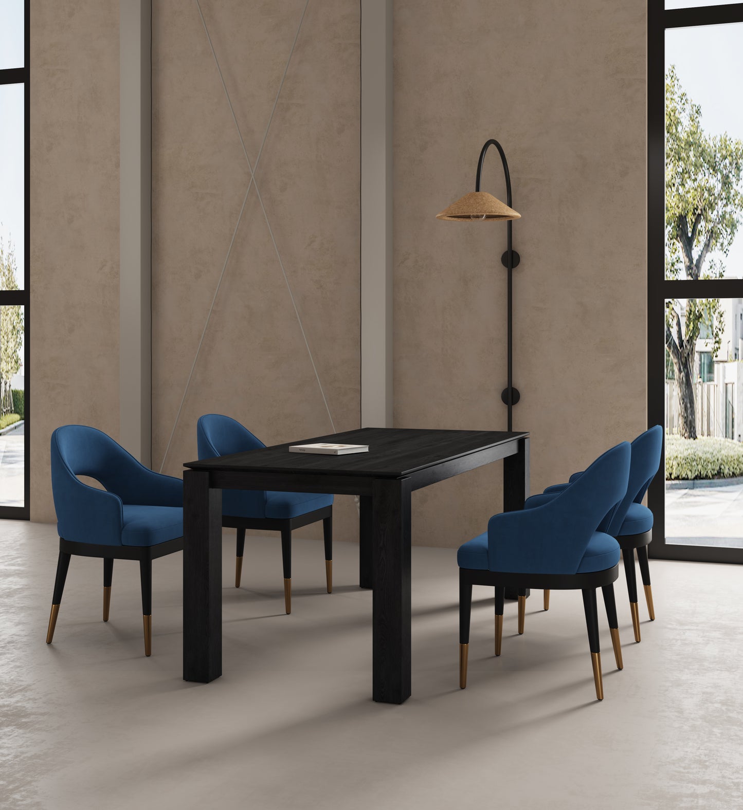 Manhattan Comfort 5-Piece Rockaway Modern 70.86 Solid Wood Dining Set in Black with 4 Carrington Dining Chairs in Midnight Blue 4-DT02DC089AR-BKBL