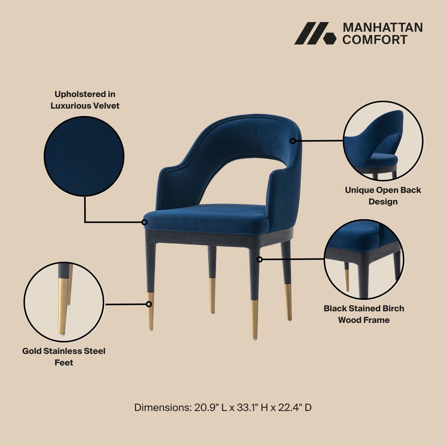 Manhattan Comfort 5-Piece Rockaway Modern 70.86 Solid Wood Dining Set in Black with 4 Carrington Dining Chairs in Midnight Blue 4-DT02DC089AR-BKBL