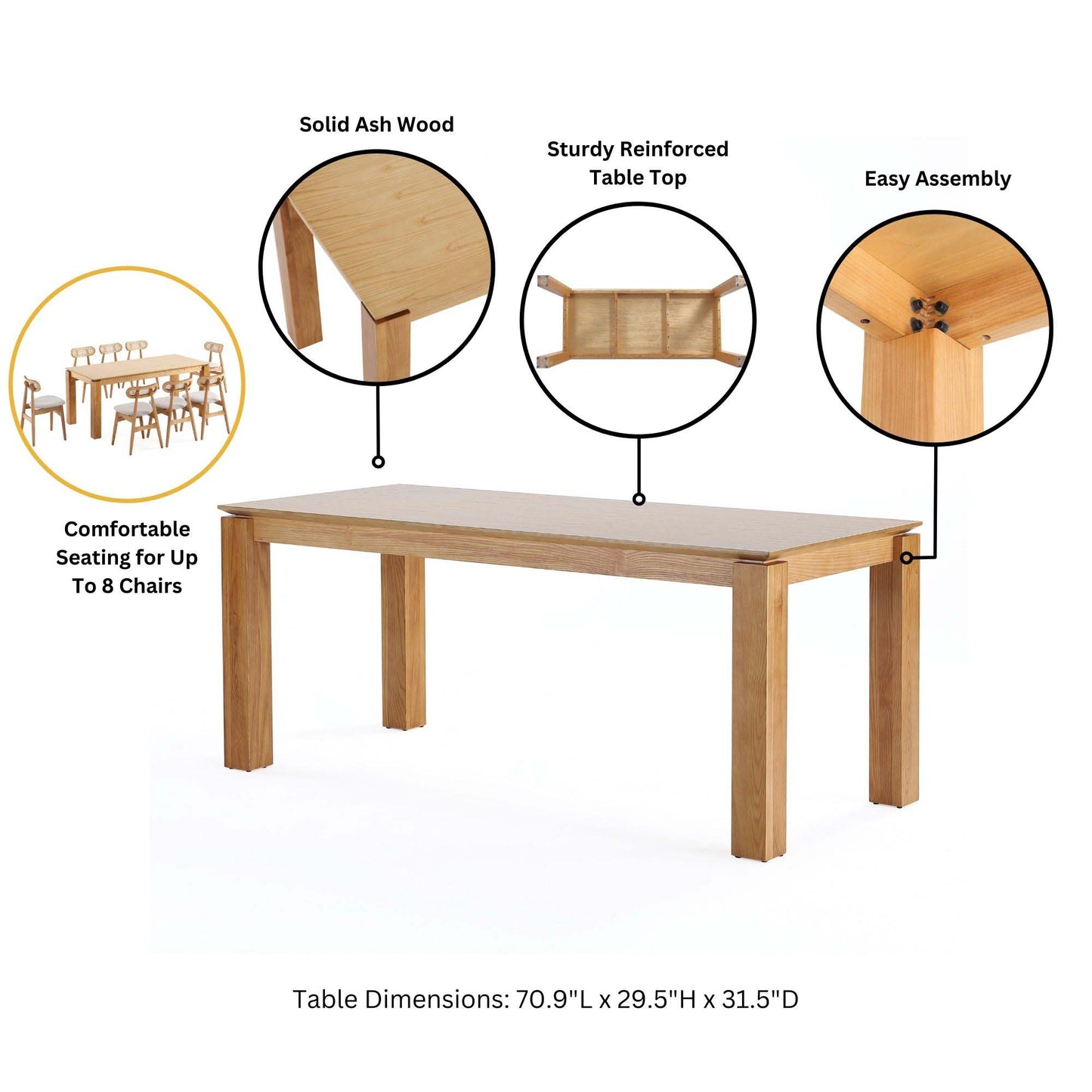 Manhattan Comfort 5-Piece Rockaway Modern 70.86 Solid Wood Dining Set in Natural with 4 Carrington Dining Chairs in Light Grey 4-DT02DC089AR-NALG