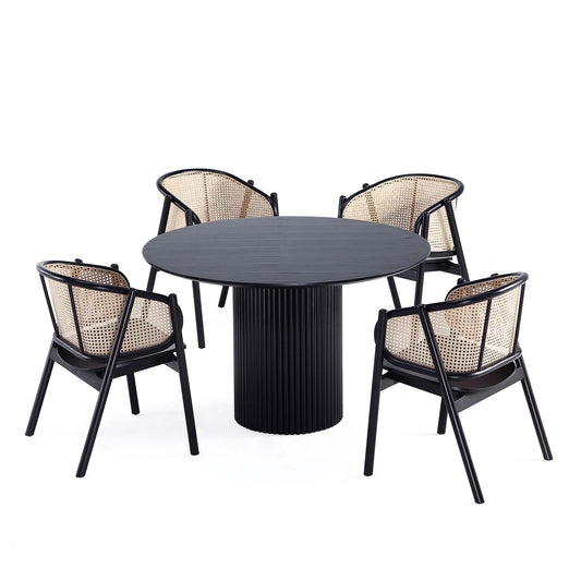 Manhattan Comfort 5-Piece Hathaway Modern 47.24 Solid Wood Round Dining Set in Black with 4 Versailles Cane Dining Chairs 4-DT03ACCA02-BK