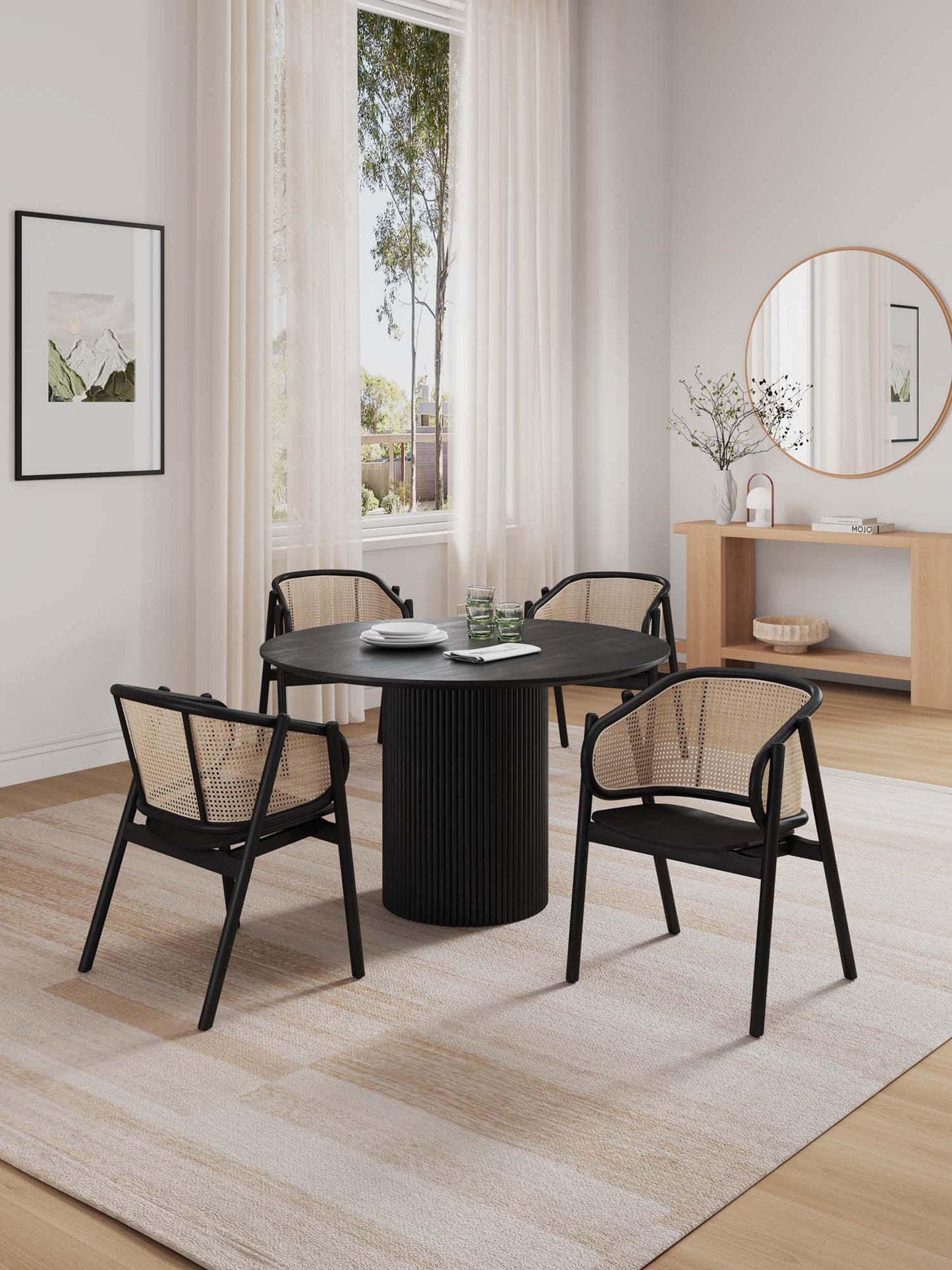 Manhattan Comfort 5-Piece Hathaway Modern 47.24 Solid Wood Round Dining Set in Black with 4 Versailles Cane Dining Chairs 4-DT03ACCA02-BK