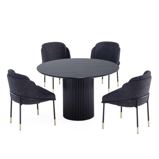 Manhattan Comfort 5-Piece Hathaway Modern 47.24 Solid Wood Round Dining Set in Black with 4 Flor Velvet Upholstered Dining Chairs in Black 4-DT03DC052-BK