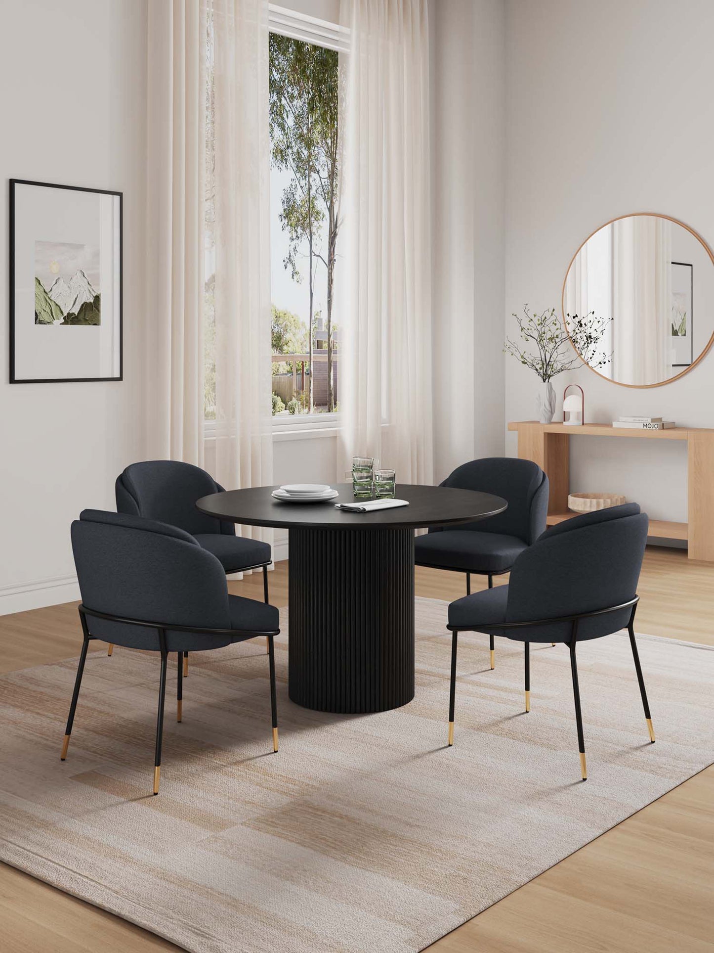 Manhattan Comfort 5-Piece Hathaway Modern 47.24 Solid Wood Round Dining Set in Black with 4 Flor Velvet Upholstered Dining Chairs in Black 4-DT03DC052-BK