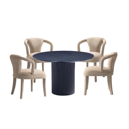 Manhattan Comfort 5-Piece Hathaway Modern 47.24 Solid Wood Round Dining Set in Black with 4 Palmer Tweed Upholstered Dining Chairs in Gold Dust 4-DT03DC088AR-BKGD