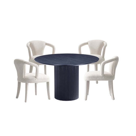 Manhattan Comfort 5-Piece Hathaway Modern 47.24 Solid Wood Round Dining Set in Black with 4 Palmer Tweed Upholstered Dining Chairs in Ivory 4-DT03DC088AR-BKIV