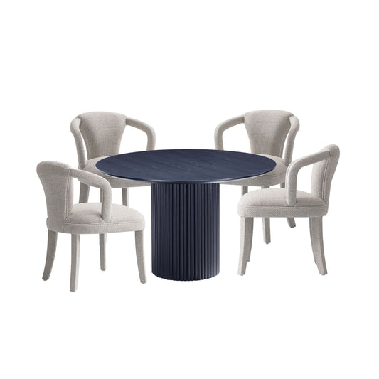 Manhattan Comfort 5-Piece Hathaway Modern 47.24 Solid Wood Round Dining Set in Black with 4 Palmer Tweed Upholstered Dining Chairs in Silver Lining 4-DT03DC088AR-BKSL