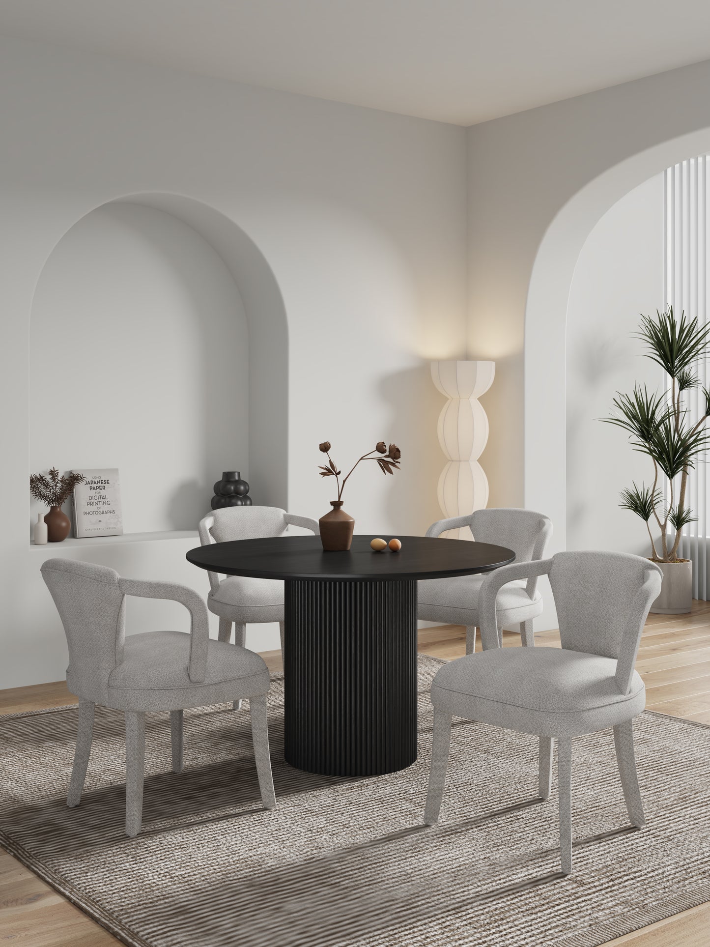 Manhattan Comfort 5-Piece Hathaway Modern 47.24 Solid Wood Round Dining Set in Black with 4 Palmer Tweed Upholstered Dining Chairs in Silver Lining 4-DT03DC088AR-BKSL