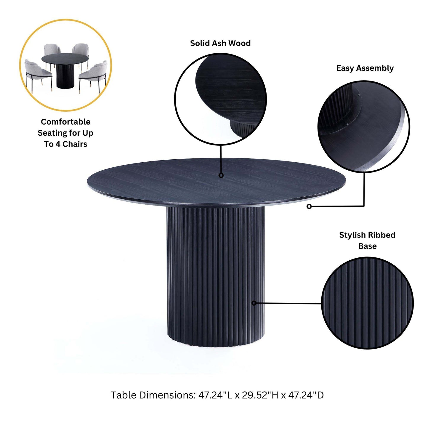 Manhattan Comfort 5-Piece Hathaway Modern 47.24 Solid Wood Round Dining Set in Black with 4 Palmer Tweed Upholstered Dining Chairs in Silver Lining 4-DT03DC088AR-BKSL