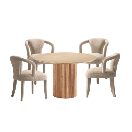 Manhattan Comfort 5-Piece Hathaway Modern 47.24 Solid Wood Round Dining Set in Natural with 4 Palmer Tweed Upholstered Dining Chairs in Gold Dust 4-DT03DC088AR-NAGD