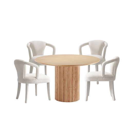 Manhattan Comfort 5-Piece Hathaway Modern 47.24 Solid Wood Round Dining Set in Natural with 4 Palmer Tweed Upholstered Dining Chairs in Ivory 4-DT03DC088AR-NAIV