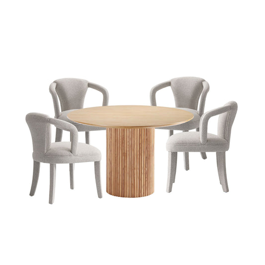 Manhattan Comfort 5-Piece Hathaway Modern 47.24 Solid Wood Round Dining Set in Natural with 4 Palmer Tweed Upholstered Dining Chairs in Silver Lining 4-DT03DC088AR-NASL