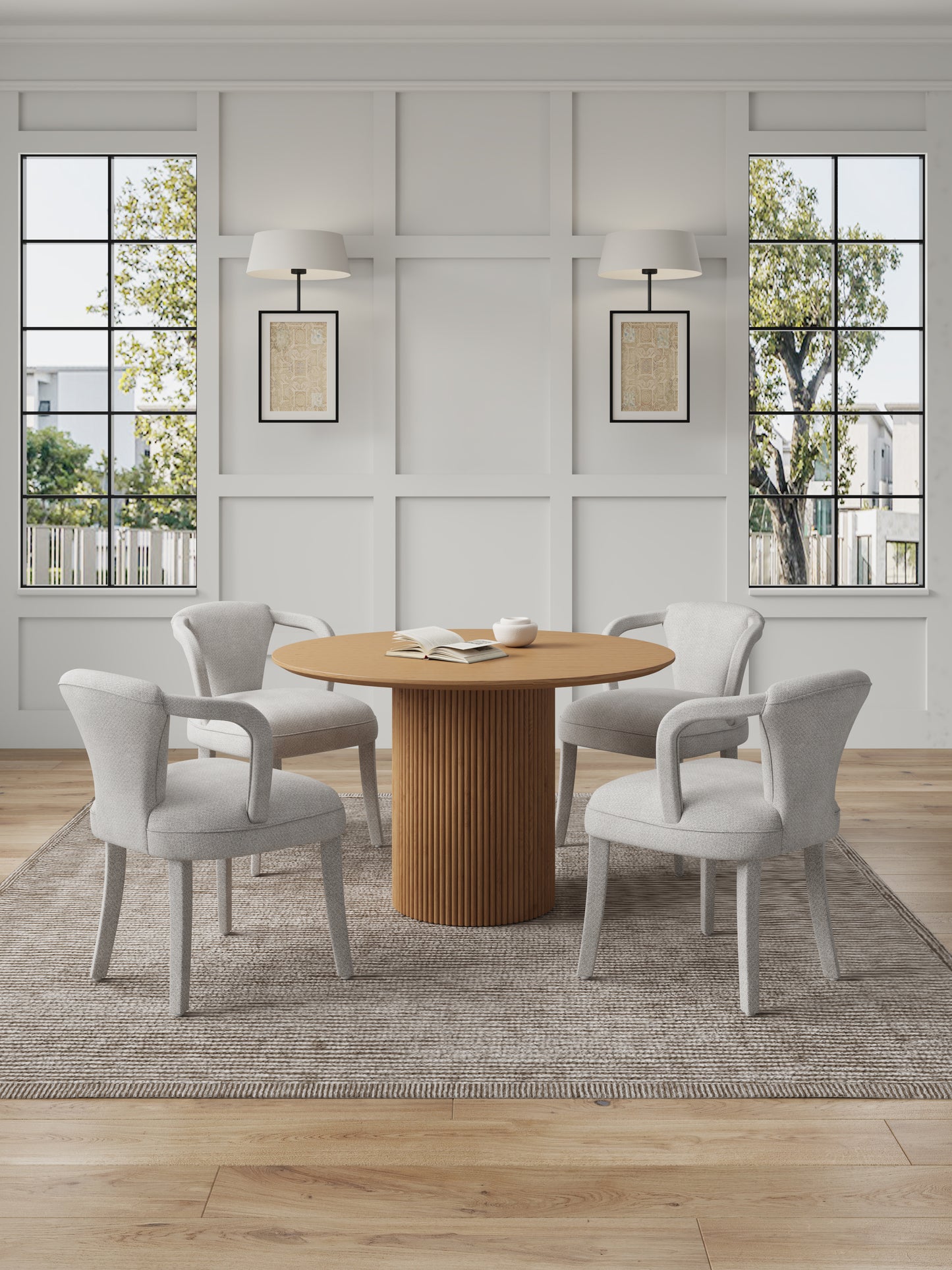 Manhattan Comfort 5-Piece Hathaway Modern 47.24 Solid Wood Round Dining Set in Natural with 4 Palmer Tweed Upholstered Dining Chairs in Silver Lining 4-DT03DC088AR-NASL