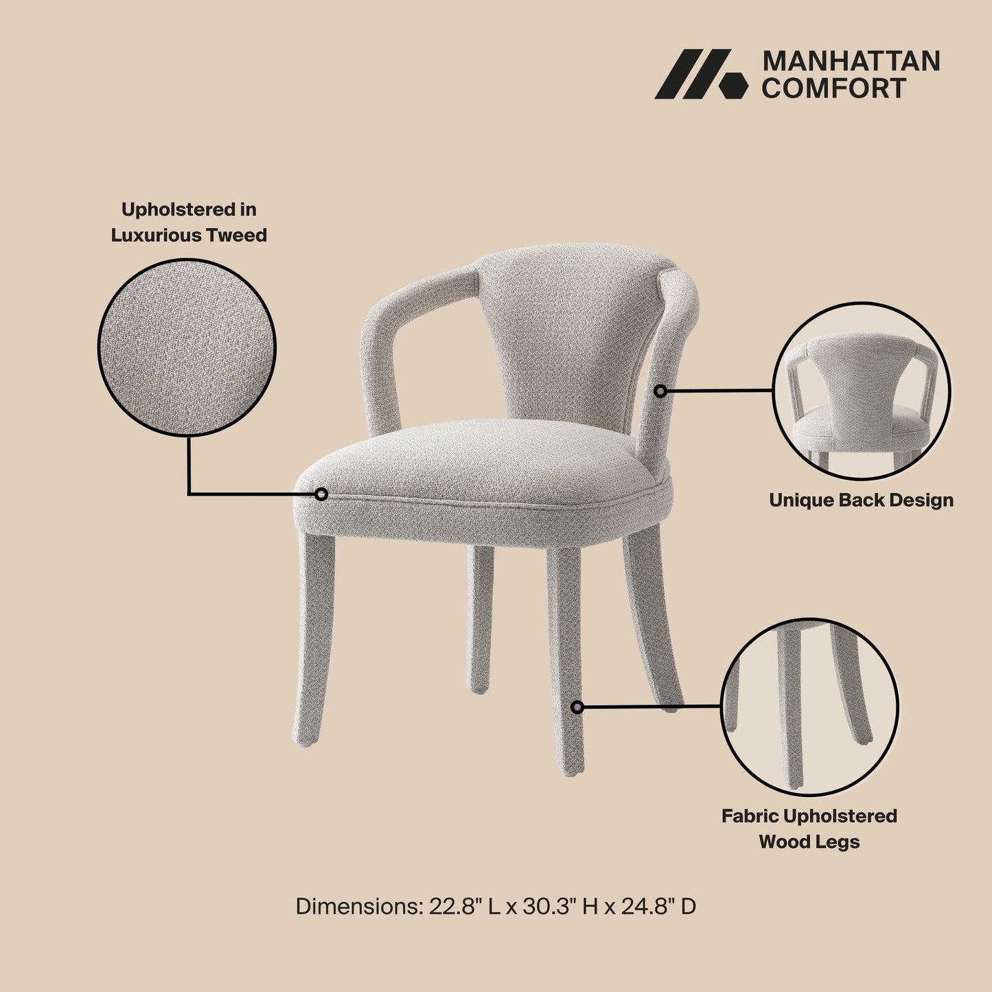 Manhattan Comfort 5-Piece Hathaway Modern 47.24 Solid Wood Round Dining Set in Natural with 4 Palmer Tweed Upholstered Dining Chairs in Silver Lining 4-DT03DC088AR-NASL