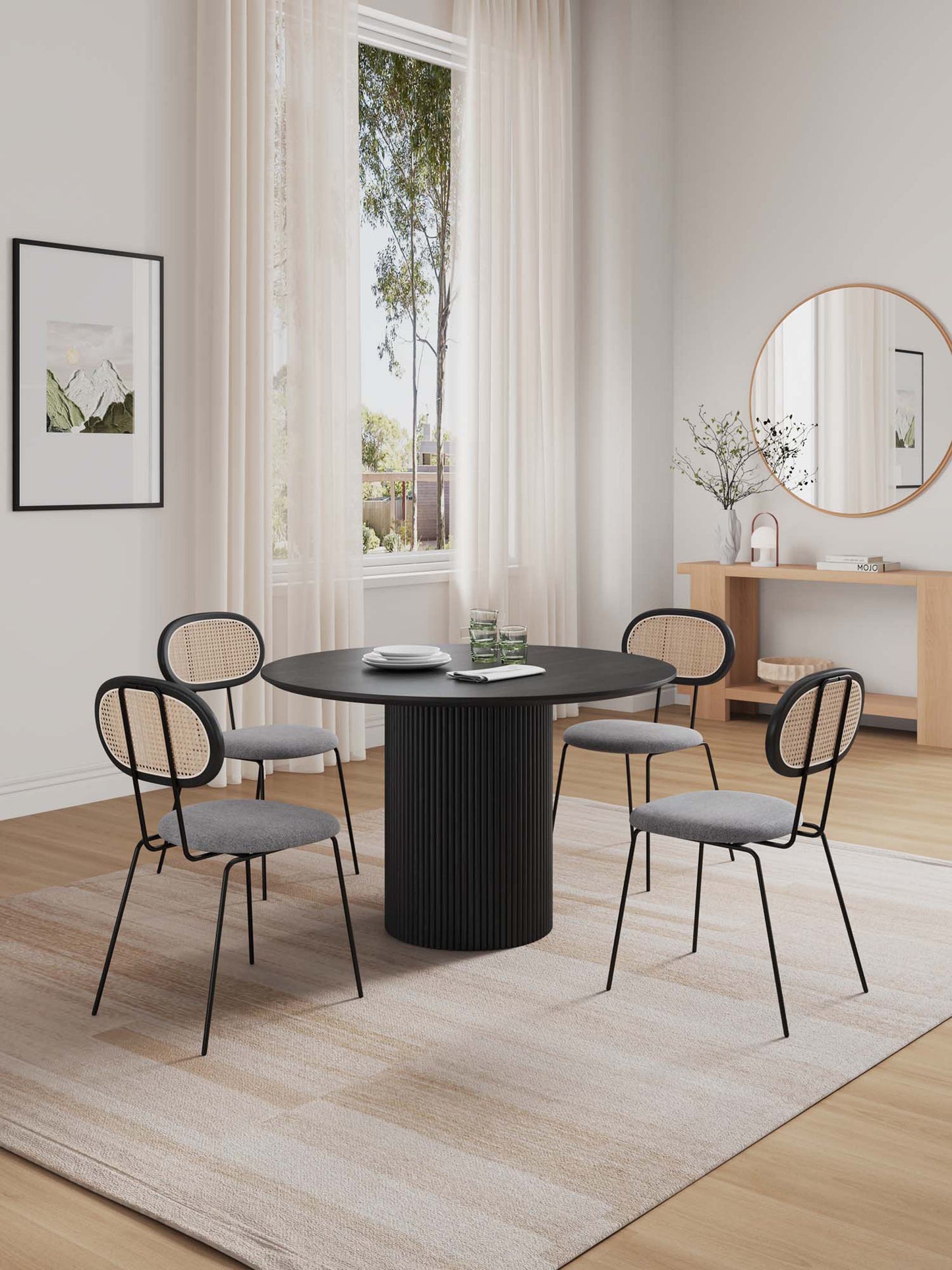 Manhattan Comfort 5-Piece Hathaway Modern 47.24 Solid Wood Round Dining Set in Black with 4 Jardin Cane Dining Chairs 4-DT03DCCA06-GY