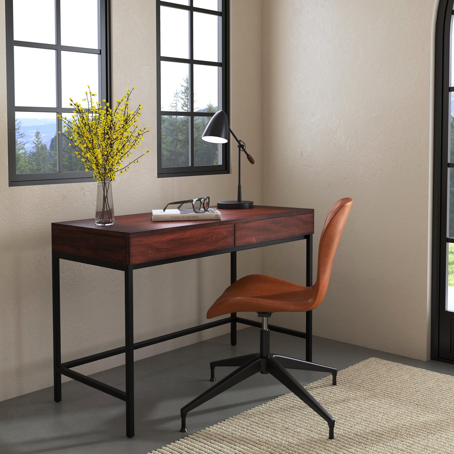 Carl 45" Wood and Metal Writing Desk in Medium Brown  5521054