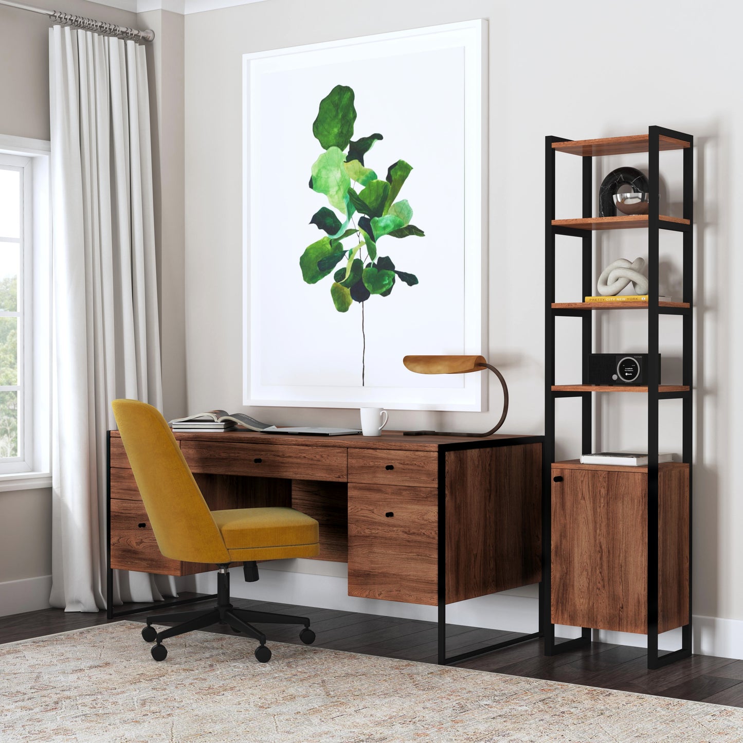 Drake 6 Drawer Iron and Wood Executive Desk in Medium Brown  5573421