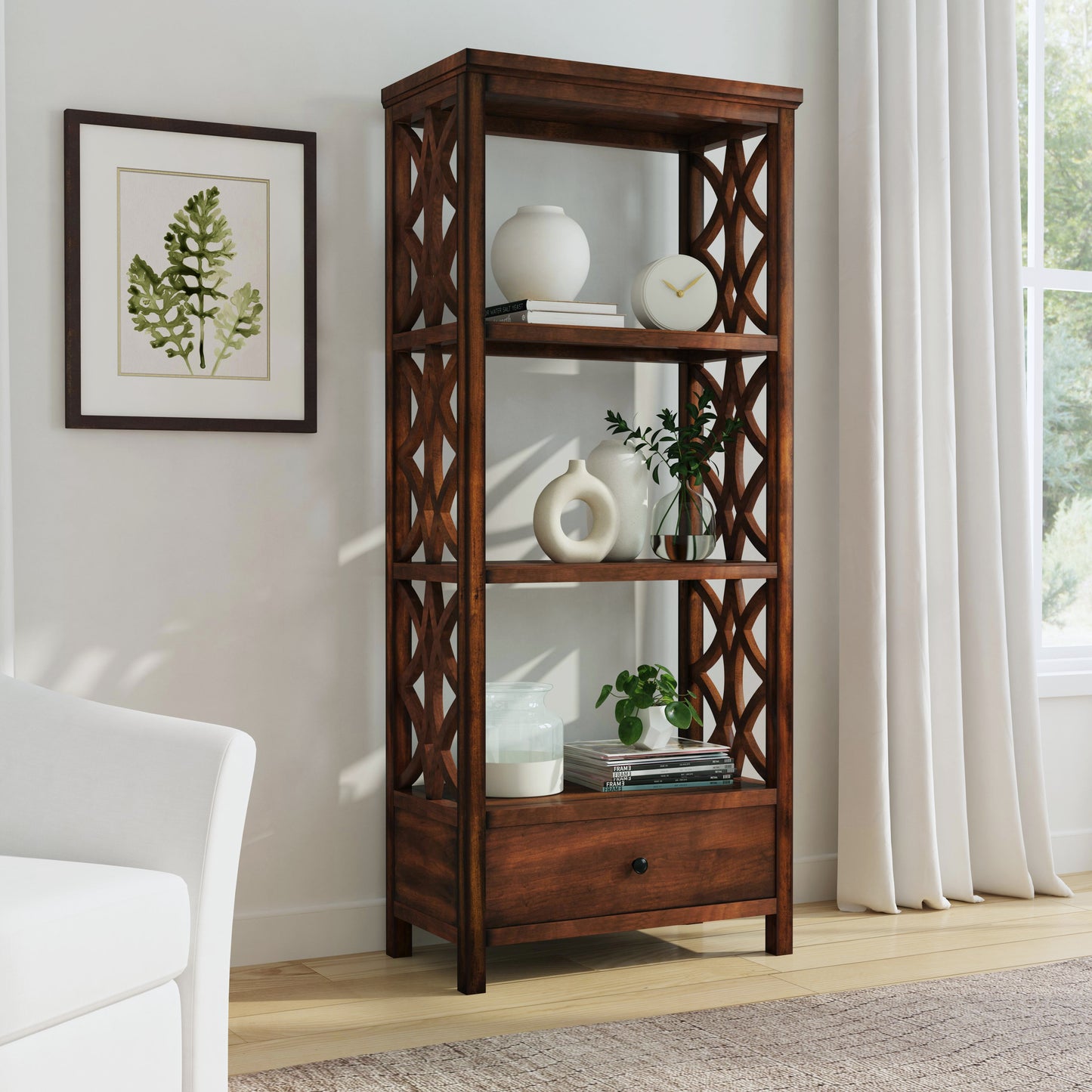 Lorena 30"W 3- Tier Etagere Bookcase with Storage Drawer in Medium Brown  5693011