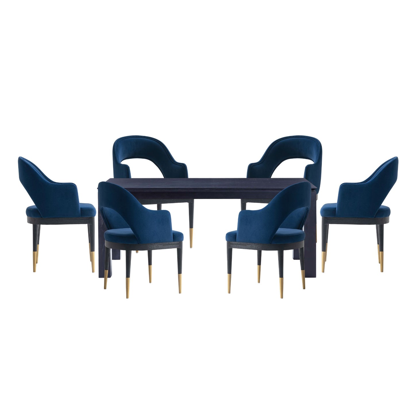 Manhattan Comfort 7-Piece Rockaway Modern 70.86 Solid Wood Dining Set in Black with 6 Carrington Dining Chairs in Midnight Blue 6-DT02DC089AR-BKBL