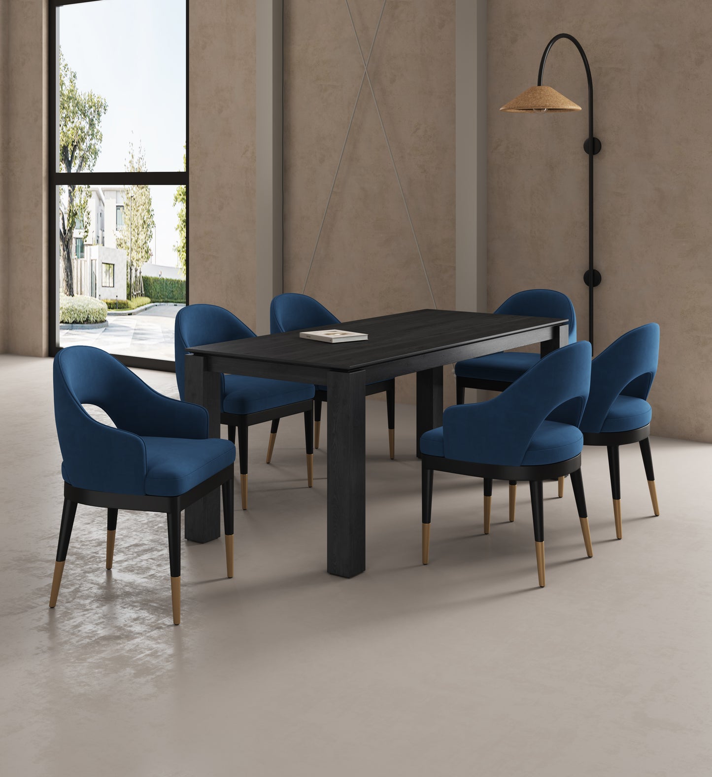 Manhattan Comfort 7-Piece Rockaway Modern 70.86 Solid Wood Dining Set in Black with 6 Carrington Dining Chairs in Midnight Blue 6-DT02DC089AR-BKBL