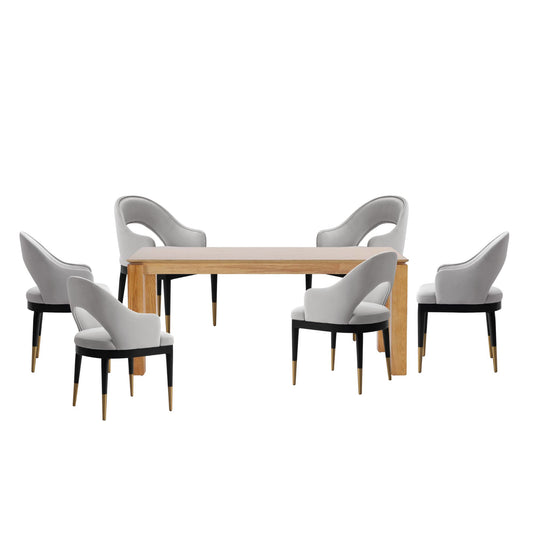 Manhattan Comfort 7-Piece Rockaway Modern 70.86 Solid Wood Dining Set in Natural with 6 Carrington Dining Chairs in Light Grey 6-DT02DC089AR-NALG