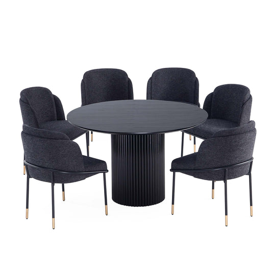 Manhattan Comfort 7-Piece Hathaway Modern 59.05 Solid Wood Round Dining Set in Black with 6 Flor Velvet Upholstered Dining Chairs in Black 6-DT05DC052-BK