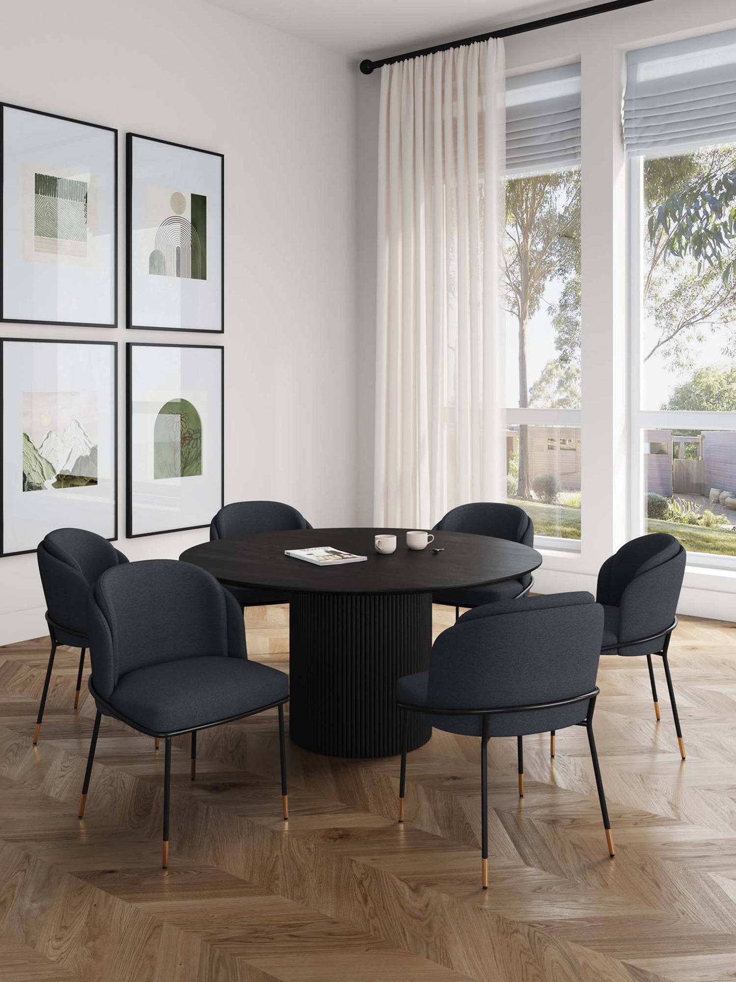 Manhattan Comfort 7-Piece Hathaway Modern 59.05 Solid Wood Round Dining Set in Black with 6 Flor Velvet Upholstered Dining Chairs in Black 6-DT05DC052-BK