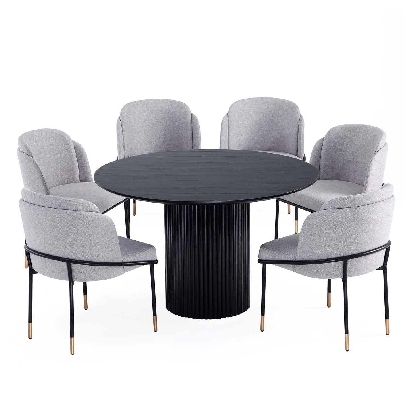 Manhattan Comfort 7-Piece Hathaway Modern 59.05 Solid Wood Round Dining Set in Black with 6 Flor Velvet Upholstered Dining Chairs in Grey 6-DT05DC052-GY