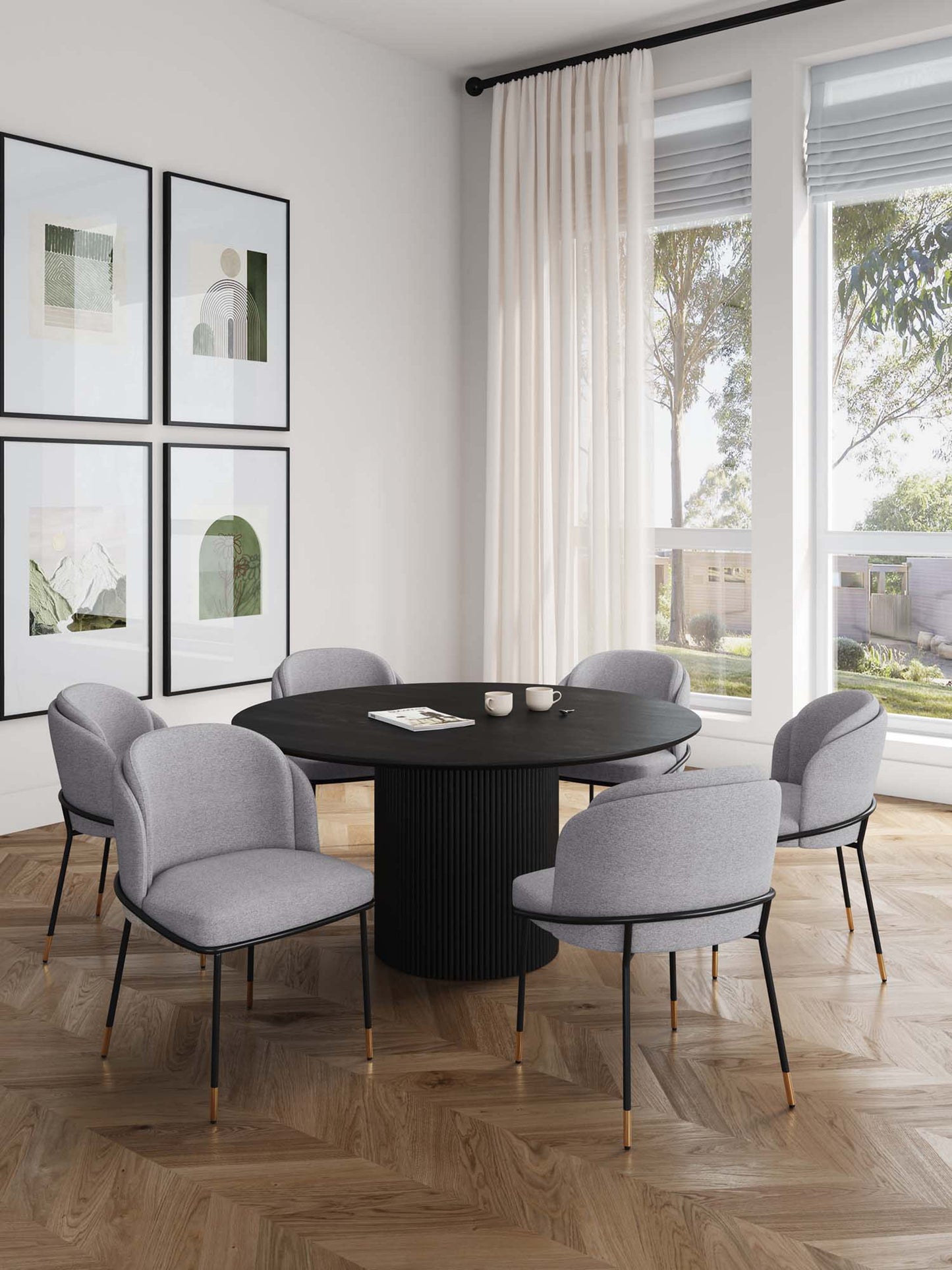 Manhattan Comfort 7-Piece Hathaway Modern 59.05 Solid Wood Round Dining Set in Black with 6 Flor Velvet Upholstered Dining Chairs in Grey 6-DT05DC052-GY