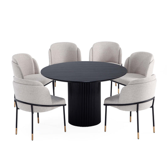 Manhattan Comfort 7-Piece Hathaway Modern 59.05 Solid Wood Round Dining Set in Black with 6 Flor Velvet Upholstered Dining Chairs in Wheat 6-DT05DC052-WT