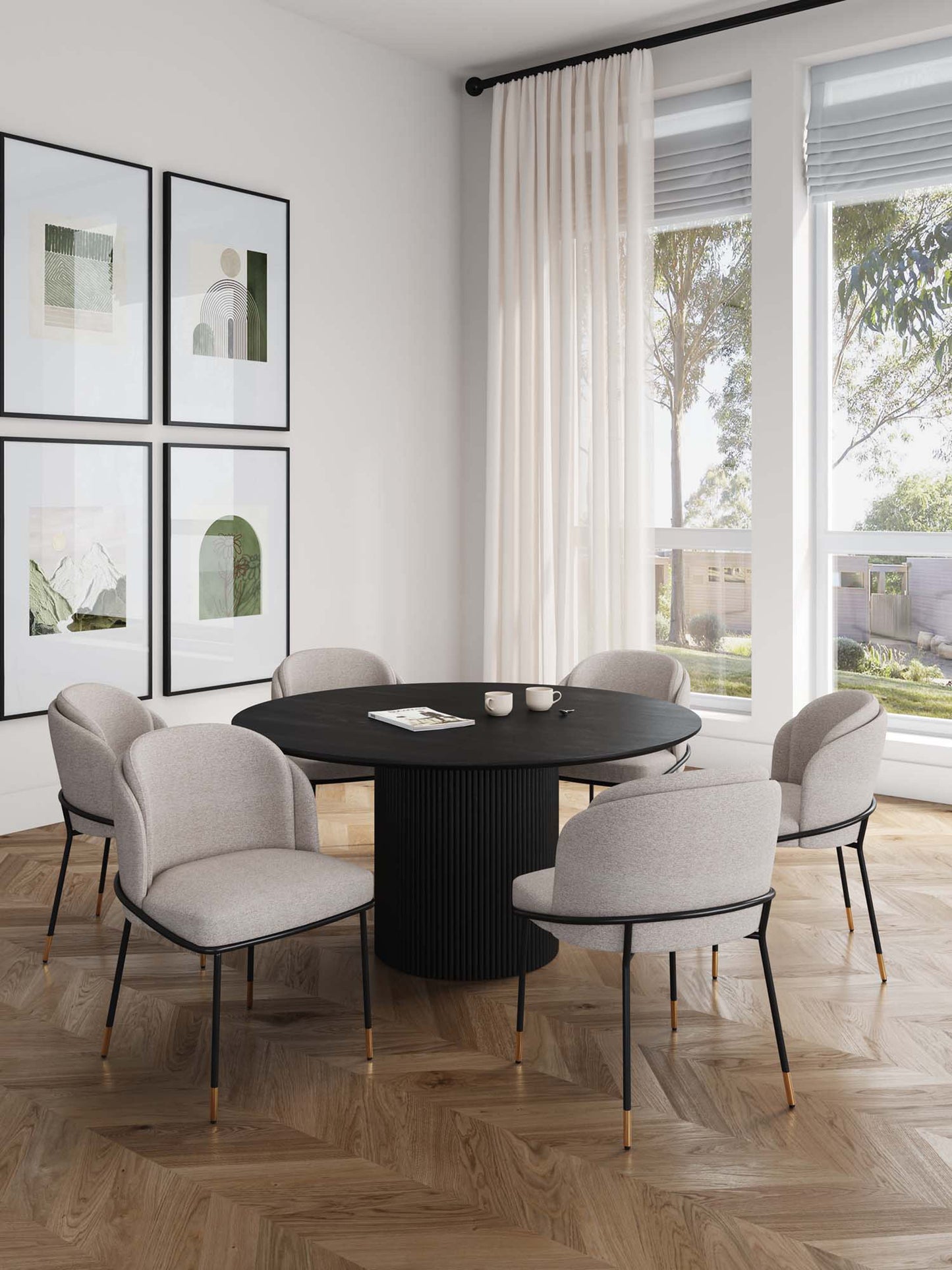 Manhattan Comfort 7-Piece Hathaway Modern 59.05 Solid Wood Round Dining Set in Black with 6 Flor Velvet Upholstered Dining Chairs in Wheat 6-DT05DC052-WT