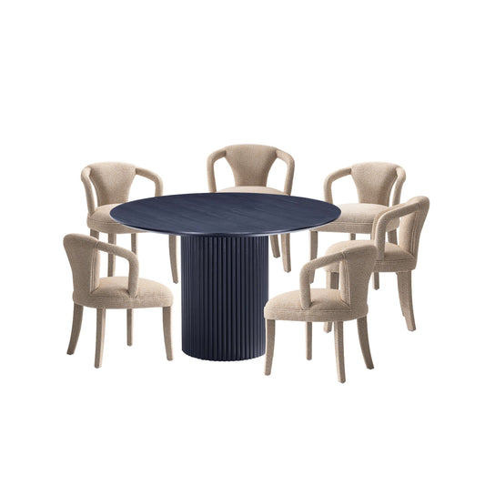 Manhattan Comfort 7-Piece Hathaway Modern 59.05 Solid Wood Round Dining Set in Black with 6 Palmer Tweed Upholstered Dining Chairs in Gold Dust 6-DT05DC088AR-BKGD