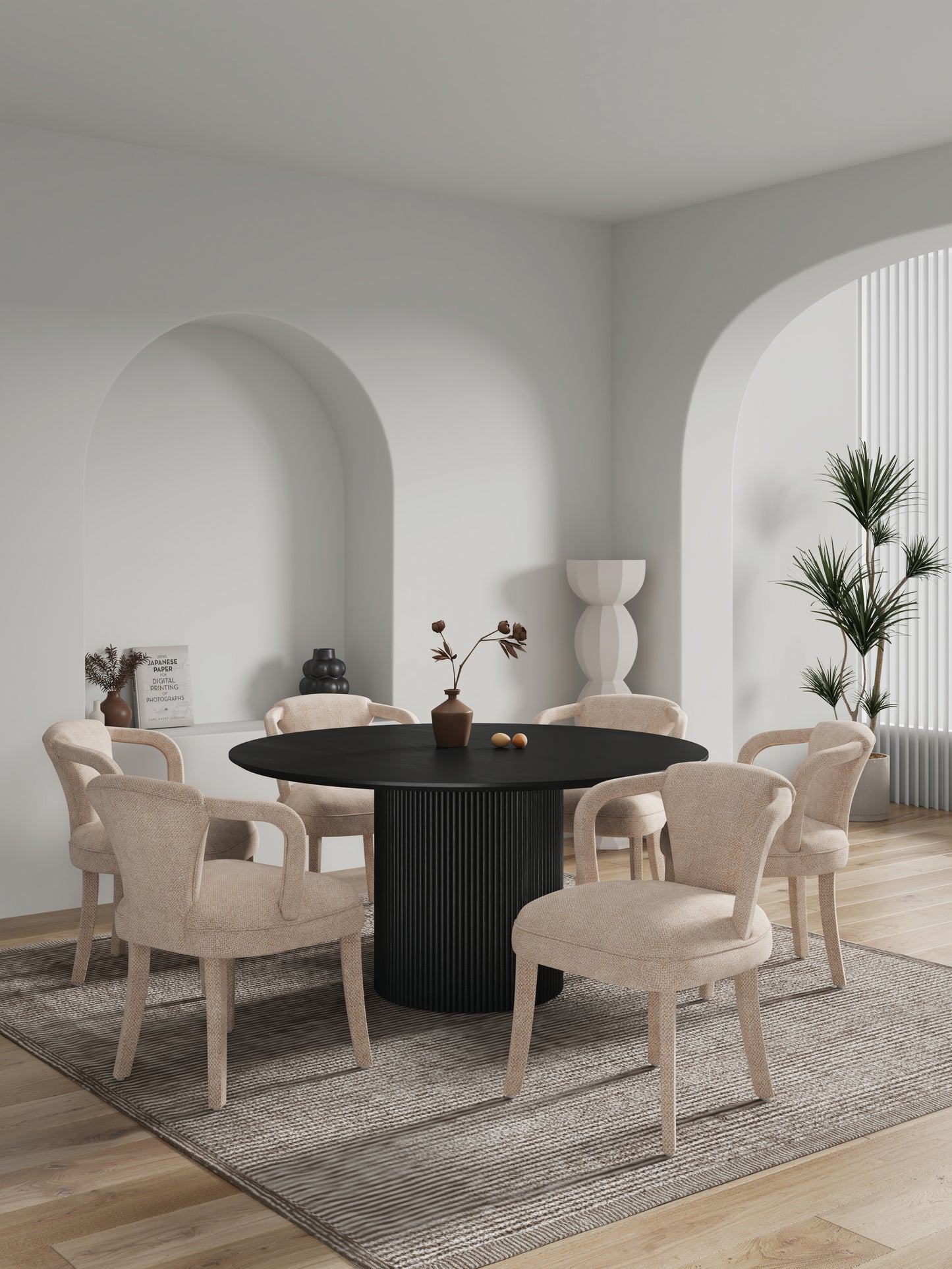 Manhattan Comfort 7-Piece Hathaway Modern 59.05 Solid Wood Round Dining Set in Black with 6 Palmer Tweed Upholstered Dining Chairs in Gold Dust 6-DT05DC088AR-BKGD