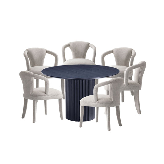 Manhattan Comfort 7-Piece Hathaway Modern 59.05 Solid Wood Round Dining Set in Black with 6 Palmer Tweed Upholstered Dining Chairs in Silver Lining 6-DT05DC088AR-BKSL