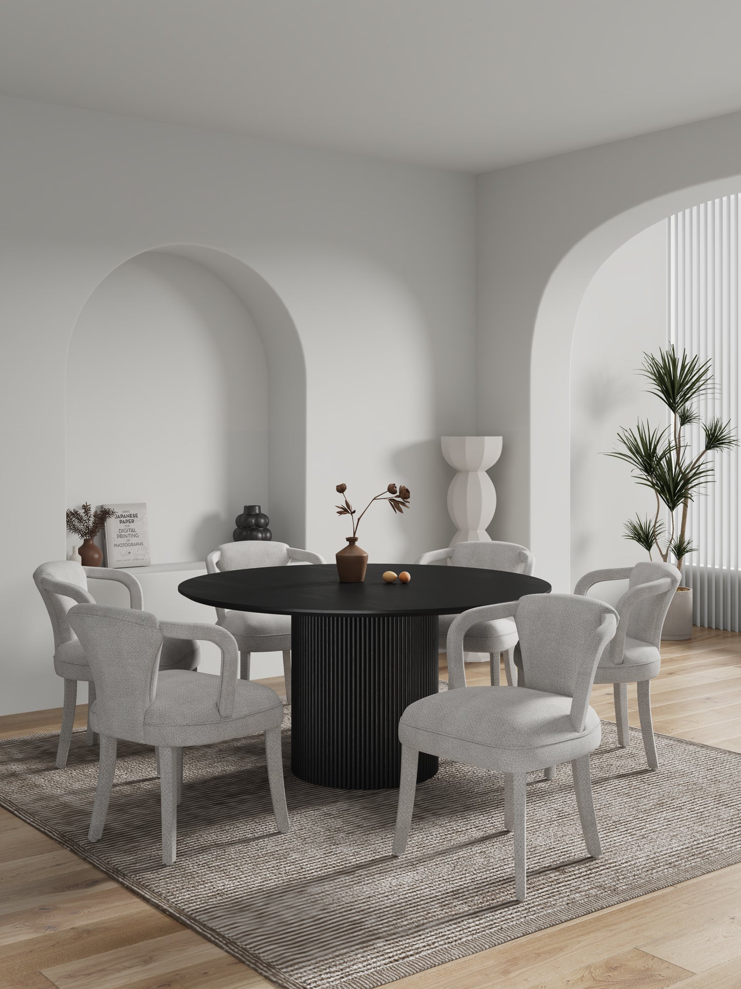 Manhattan Comfort 7-Piece Hathaway Modern 59.05 Solid Wood Round Dining Set in Black with 6 Palmer Tweed Upholstered Dining Chairs in Silver Lining 6-DT05DC088AR-BKSL