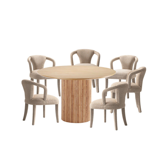 Manhattan Comfort 7-Piece Hathaway Modern 59.05 Solid Wood Round Dining Set in Natural with 6 Palmer Tweed Upholstered Dining Chairs in Gold Dust 6-DT05DC088AR-NAGD